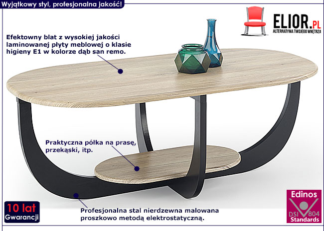 Owalny stolik kawowy do salonu dąb san remo Tytan 3X