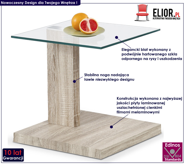 ława kwadrat szklana Monroi dąb sonoma