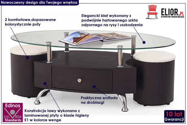 ława z pufami wenge Xanta owalna