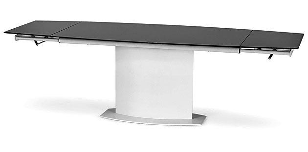 stół biało czarny szklany w wersji rozłożonej