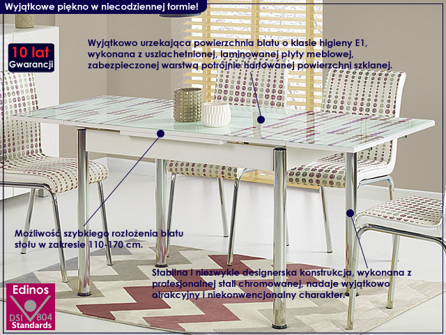 stół noris biały, kolorowe kropki.