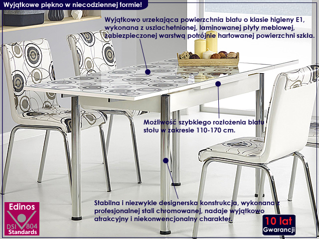 stół noris biały w kropki czarne.