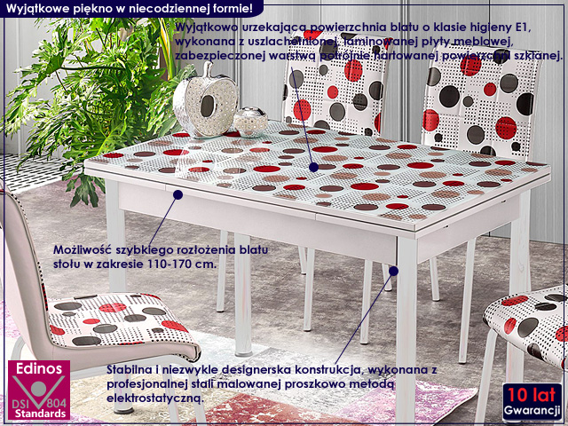 stół noris biały w kropki kolorowe.