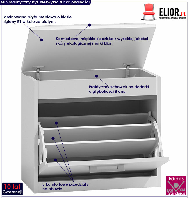 Biała szafka na obuwie ze schowkiem i siedziskiem Leni 2X