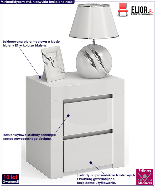 Lakierowana biała szafka nocna do sypialni Naria 3s