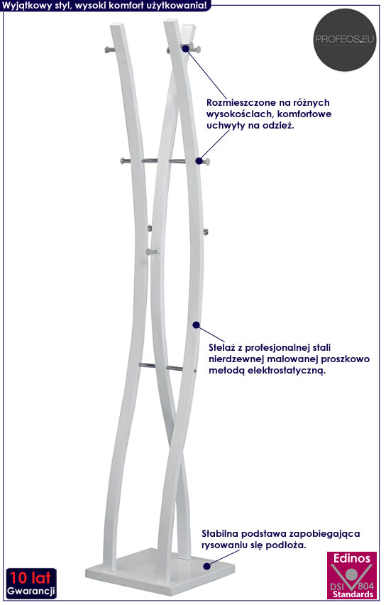Nowoczesny biały wieszak stojący na ubrania Arlen 3X