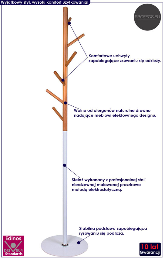 Biały podłogowy wieszak na ubrania drewniany Arlen 8X