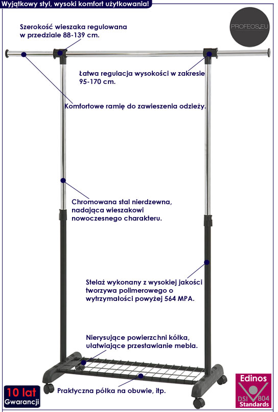 Podłogowy wieszak stojący na kółkach Alicante 3X