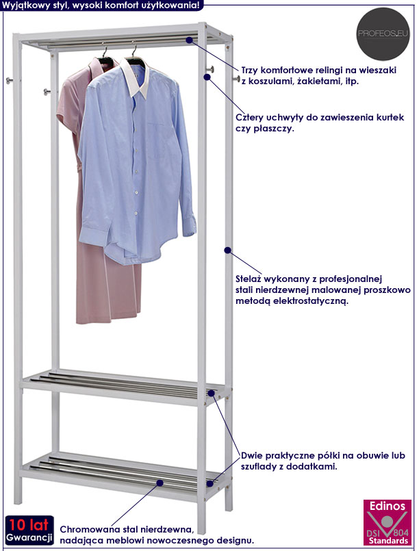 Biały wieszak stojący na ubrania, buty Alicante 5X