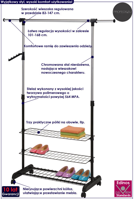 Regulowany wieszak podłogowy z półkami Alicante 6X