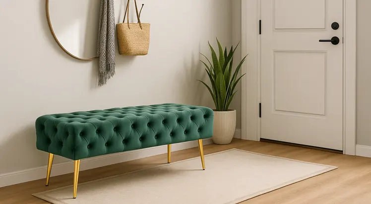 Tapicerowana pufa w kolorze butelkowej zieleni