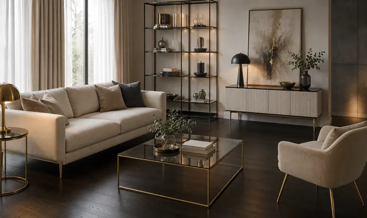 Salon w stylu glamour z ciemną podłogą 