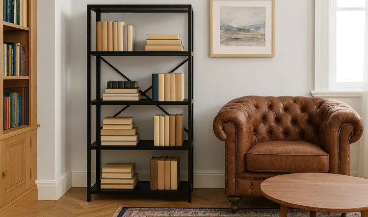 Czarny regal w biblioteczce 