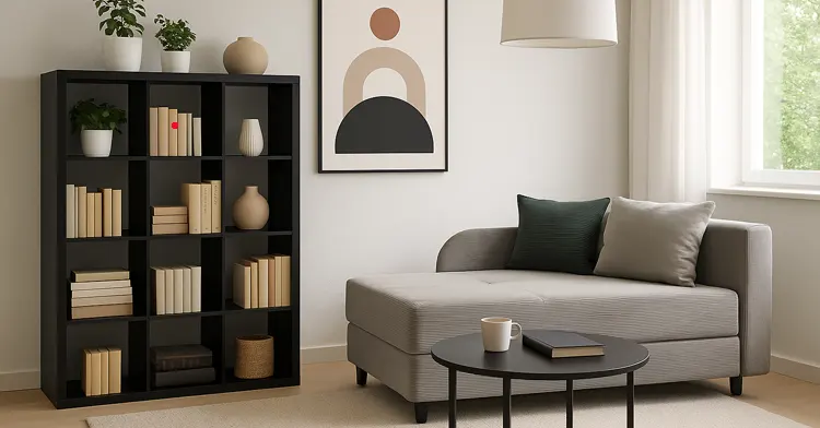 Czarny regał na książki w salonie 