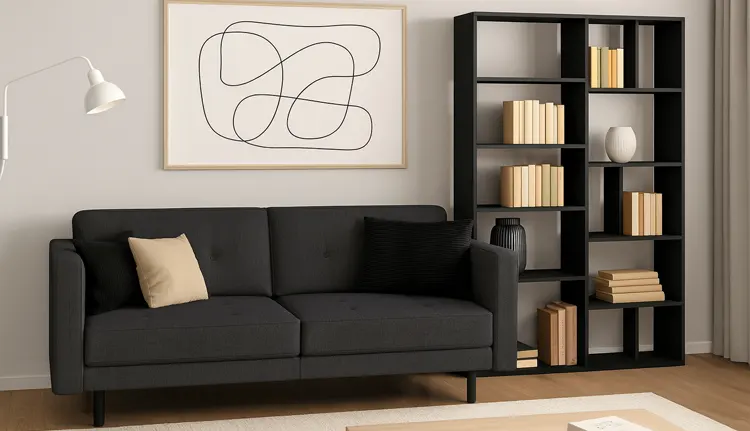 Czarny regał na książki w salonie 