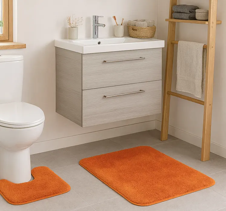 Pomarańczowe dywaniki w łazience 