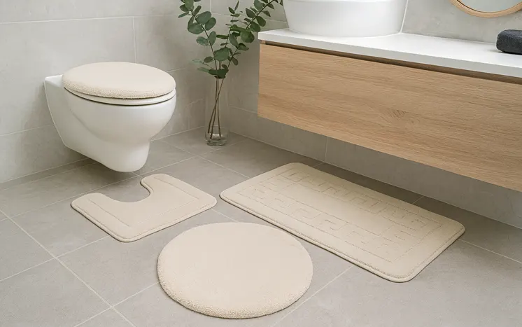 Beżowy komplet dywanikow w łazience 