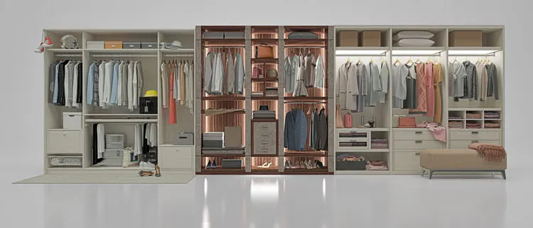 Nowoczesne ułożenie ubrań w garderobie