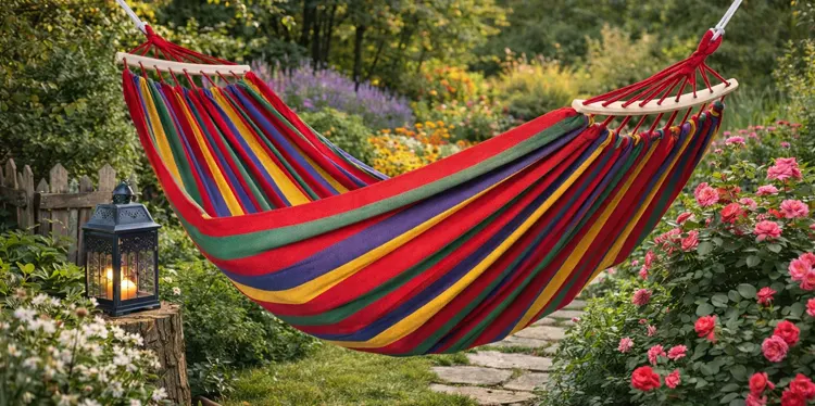 Kolorowy hamak w ogrodzie 