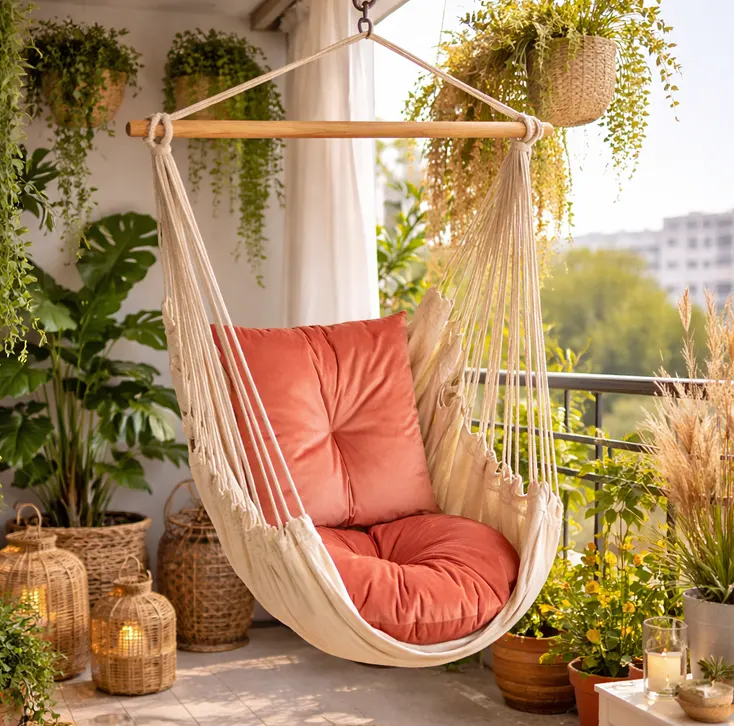 Hamak z drążkiem na balkonie 