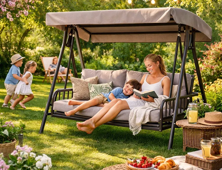 Rodzina spędzająca czas na huśtawce ogrodowej