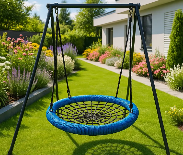 Huśtawka typu bocianie gniazdo w ogrodzie