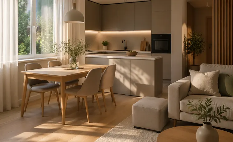 Salon z jadalnią w stylu modern retro 