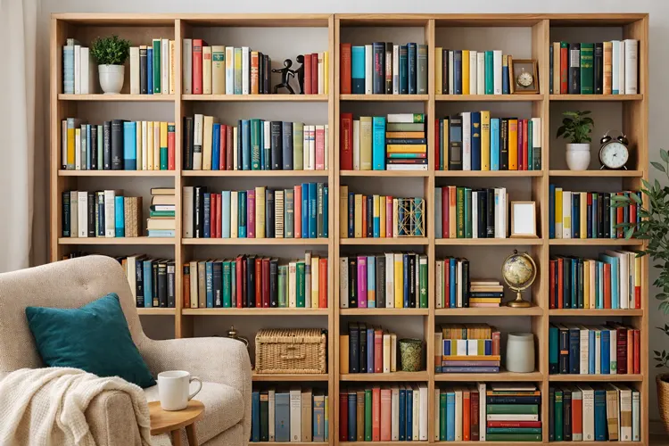 Pólki poukładane w domowej biblioteczce