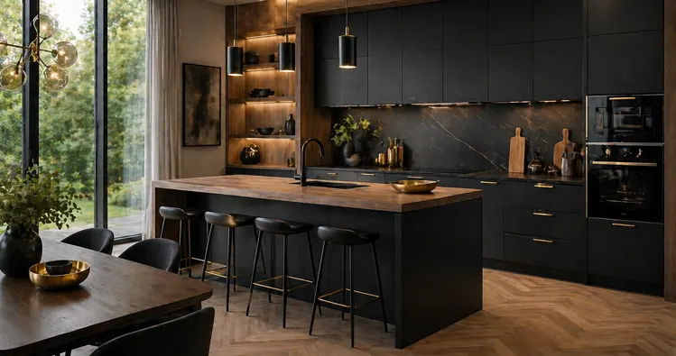 Nowoczesna kuchnia w czarnymi frontami
