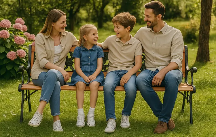 Metalowa ławka z rodziną w ogrodzie
