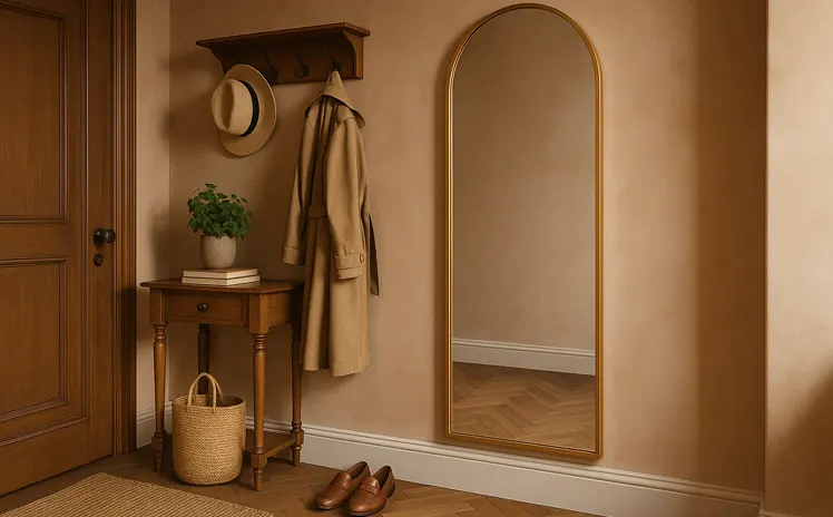 Lustro w złotej oprawie w przedpokoju 