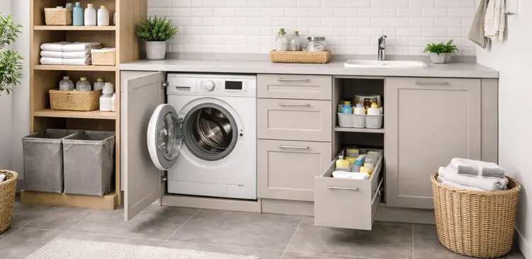 Pralka zabudowana  jasnym frontem mdf