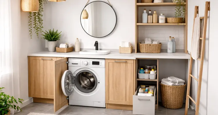 Pralka zabudowana frontem w kolorze dąb artisan 