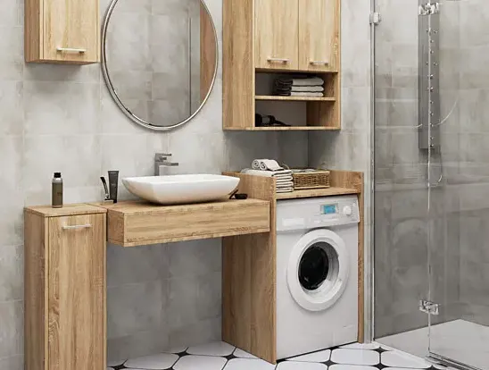 Komplet mebli do łazienki z zabudową pralki. 