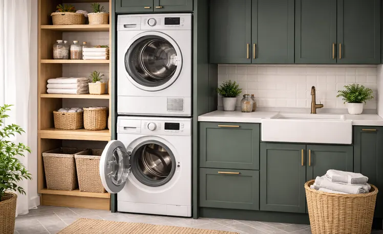 Zabudowa pralki i suszarki frontami w kolorze zieleni 