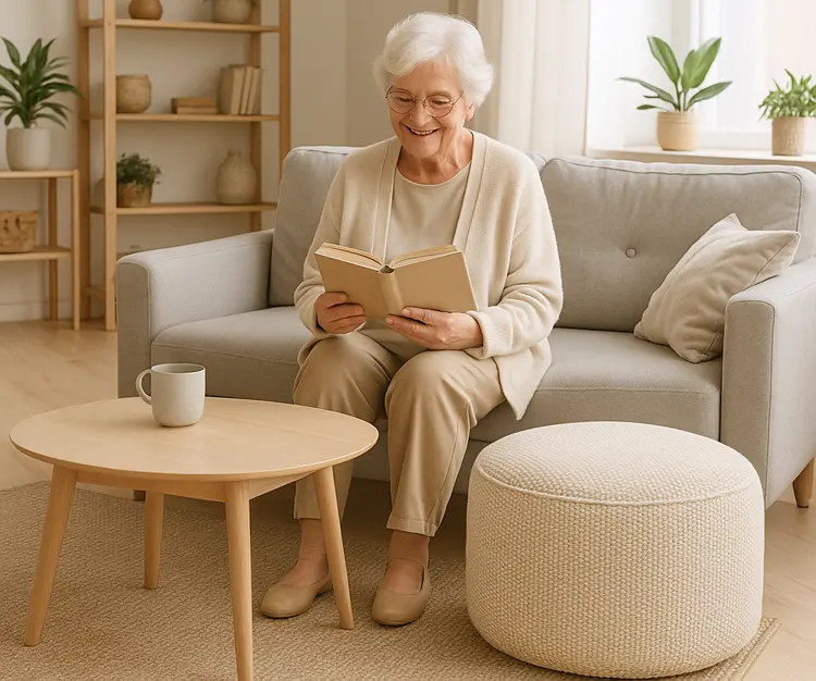 Babcia czytająca ksiązke przy pufie
