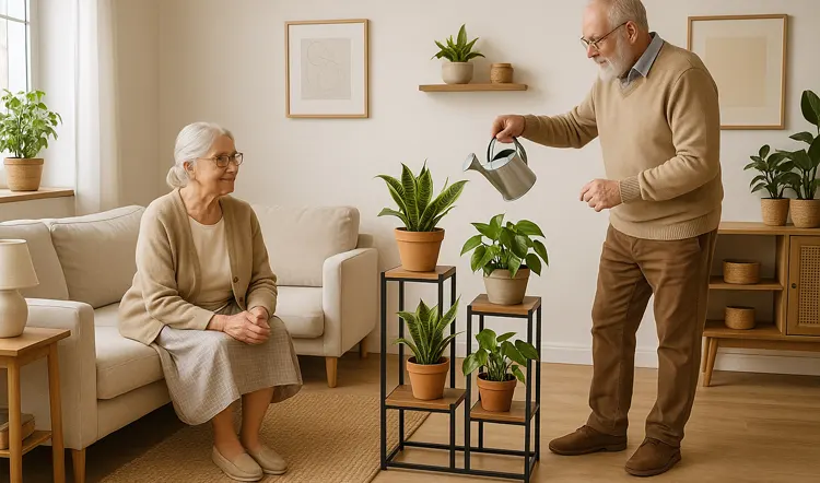 Babcia i dziadek spędzający czas w salonie