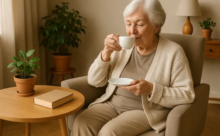 Starsza osoba pijąca herbatę przy stoliku kawowym
