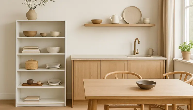 Biały regał w nowoczesnej kuchni 