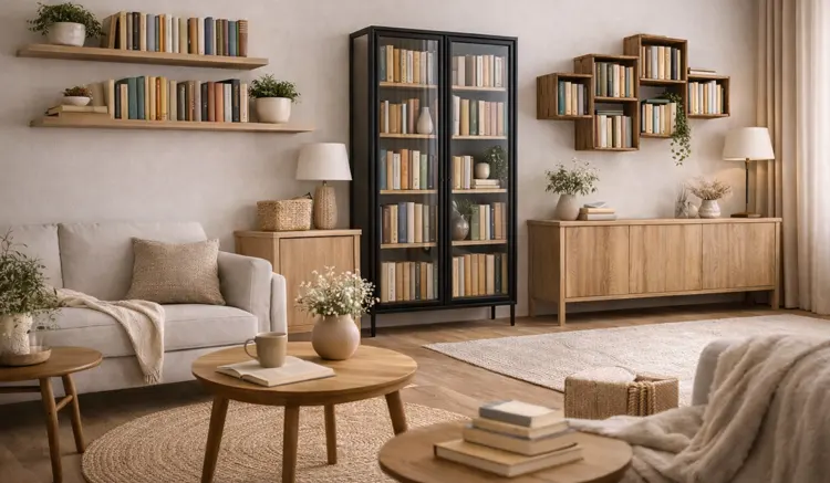 Witryna w kolorze czarnym pełna książek 