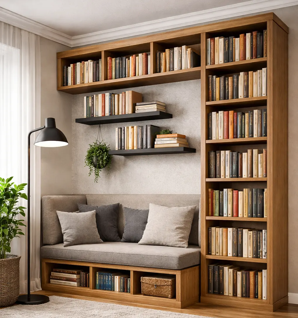 Regał w kolorze orzech z książkami 