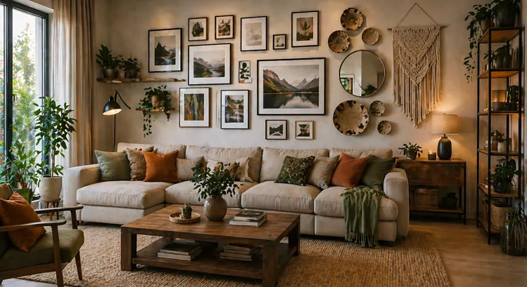 Aranżacja ściany w salonie w stylu boho