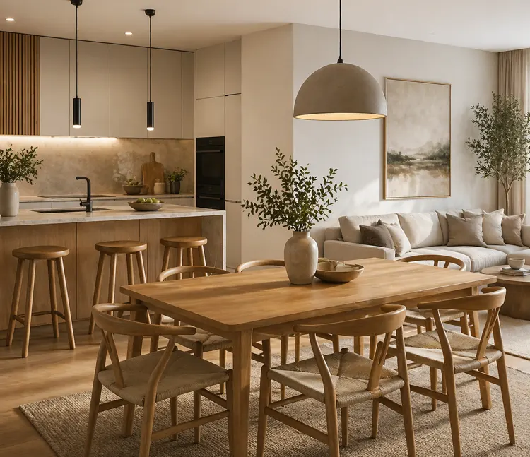 Aranżacja ściany salonu połaczonego z jadalnią 