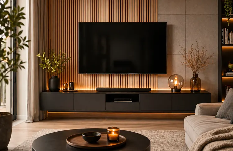 Aranżacja ściany rtv z użyciem drewnianych lameli 