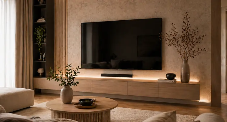 Aranżacja ściany za telewizorem kolorową tapetą 