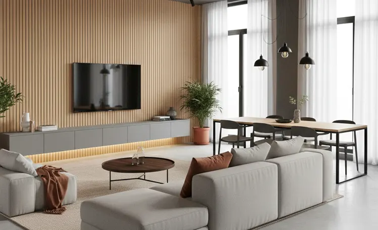 Ściana za telewizorem z lamelami 