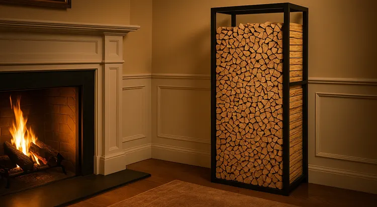 Metalowy stojak na drewno w salonie