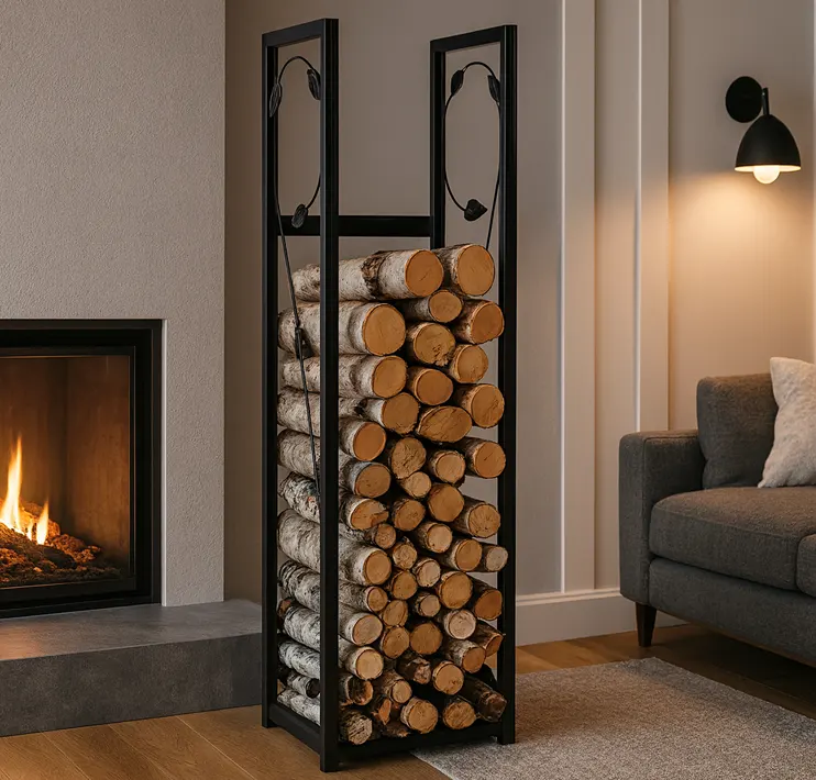 Metalowy stojak z drewnem przy kominku