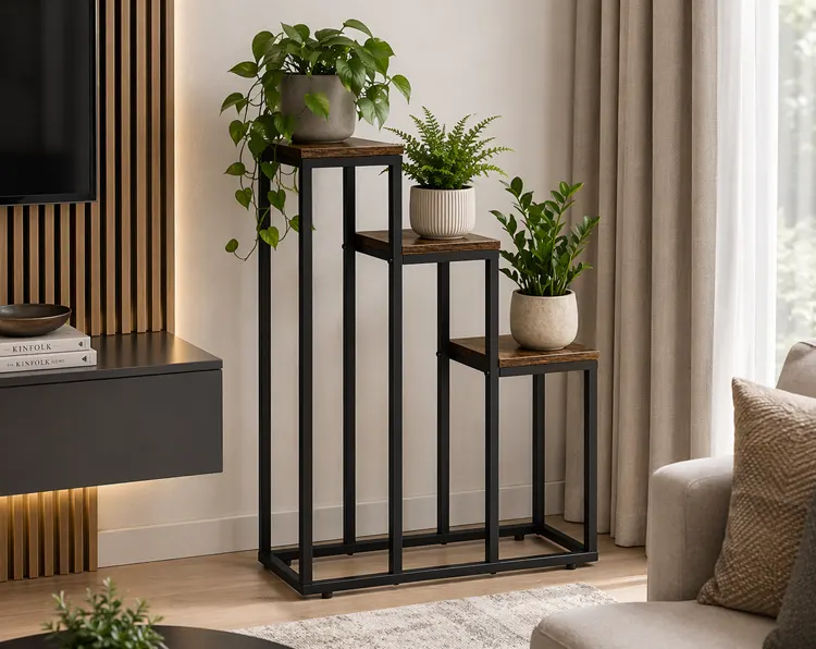 Metalowy stojak na kwiaty w salonie