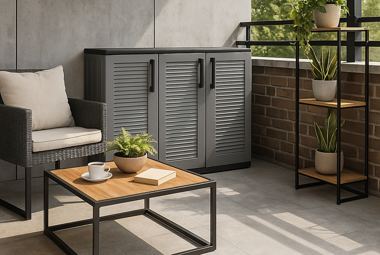 Balkon w stylu industrialnym z szarą szafką balkonową 